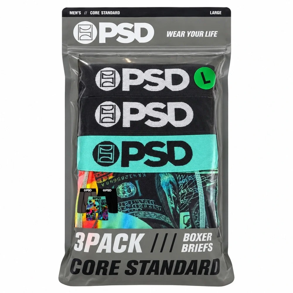 PSD Mens 3-Pack Boxer Briefs Core Standard Skull Money Black Teal Large